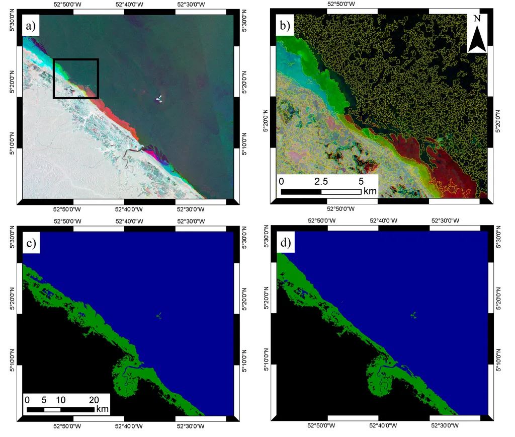 Classification of mangroves change using Japanese Earth Resources Satellite (JERS-1) and the Advanced Land Orbiting Satellite (ALOS) Phased-Array L-band SAR (PALSAR) data: (a) color composite of JERS-1 data from 1996 (red) and PALSAR data from 2007 (green) and 2010 (blue); (b) subset of scene showing segmentation; (c) classification of mangroves (green) using 1996 data; (d) updated classification of mangroves using 2010 data.