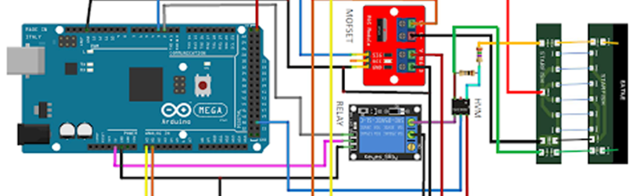 Wiring diagram for the STARFISH controller, consisting of an arduino connected to MOSFET, relay, batteries and other devices.