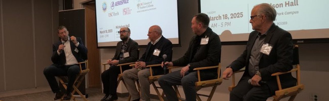 Panelists discuss the topic “Space System Defense with Generative AI,” moderated by Adam Russell, Director of the AI Division at USC ISI. From left: Adam Russell, Jeremy Pecharich (JPL), Raymond Boncek (Lockheed Martin), Evan Glick (The Aerospace Corporation), and Jeffrey Hunt (Boeing).