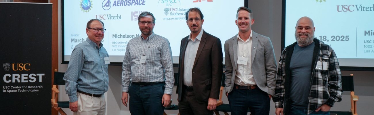 Steve Schwab (left) of USC's Information Sciences Institute (ISI) moderated a panel on "Hardware and Software Challenges in Cybersecurity for Space Systems." On the panel, continuing from the left, were Kurt Rohloff (Duality Technologies), Larry Lidz (Cisco), Connor Wynveen (Chainguard), and Guy Regev (Northrop Grumman).