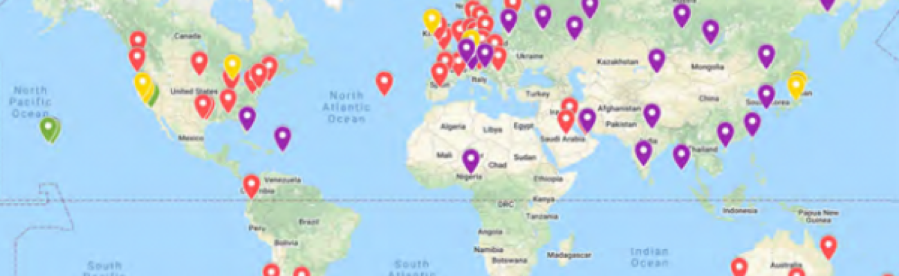 World map of global ground station network for crowd-sourcing downlinked CubeSat data